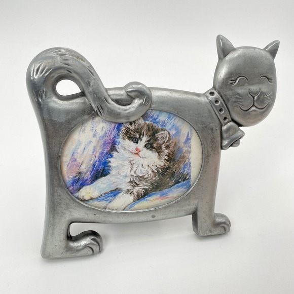 Vintage‎ Pewter Cat Photo Frame Tabletop Display with Bell and Kitten Picture - Picture 6 of 10
